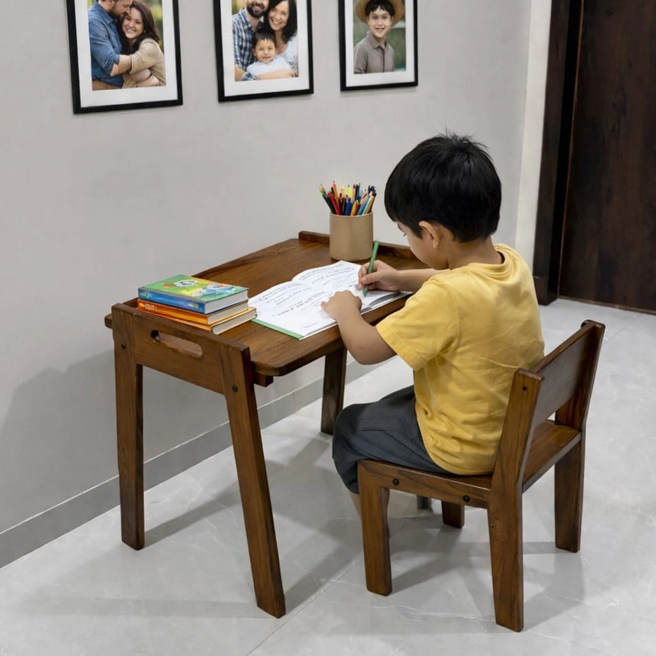 Teak Wood Study Table with Chair - For Ages 3-8 Years - Ergonomic Design
