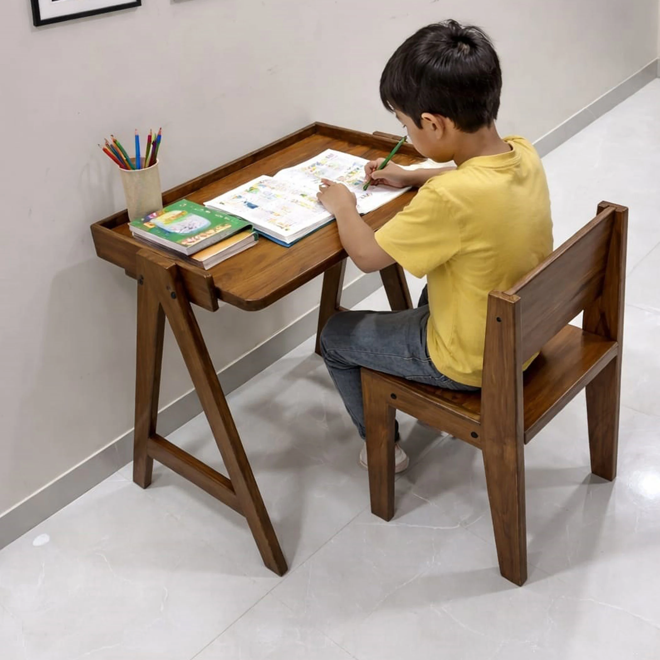 Teak Wood Study Table with Chair - For Ages 9-12 Years - Premium Sagwan